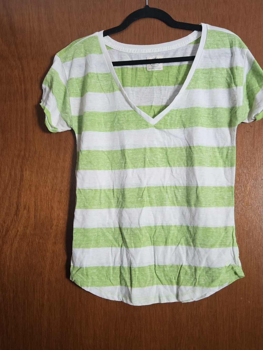 American Eagle Outfitters Green & White Striped V-Neck Tee